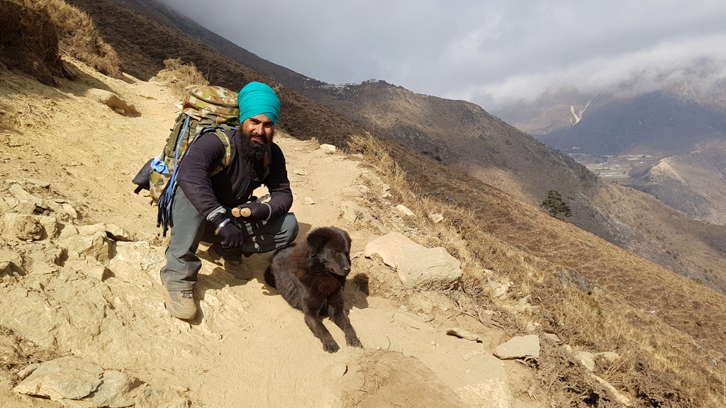 Everest Base Camp trekking dag 14 Dole tot Namche Bazar, gezelschap van hond