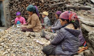 Manaslu en Tsum Valley dag 5 Philim tot Chumling, Nepalese dames werken