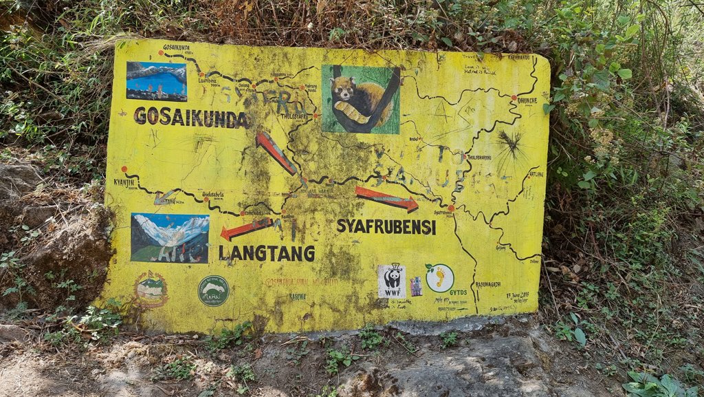 Langtang Circuit trekking dag 2, Syabru Bensi tot Lama Hotel, routebord