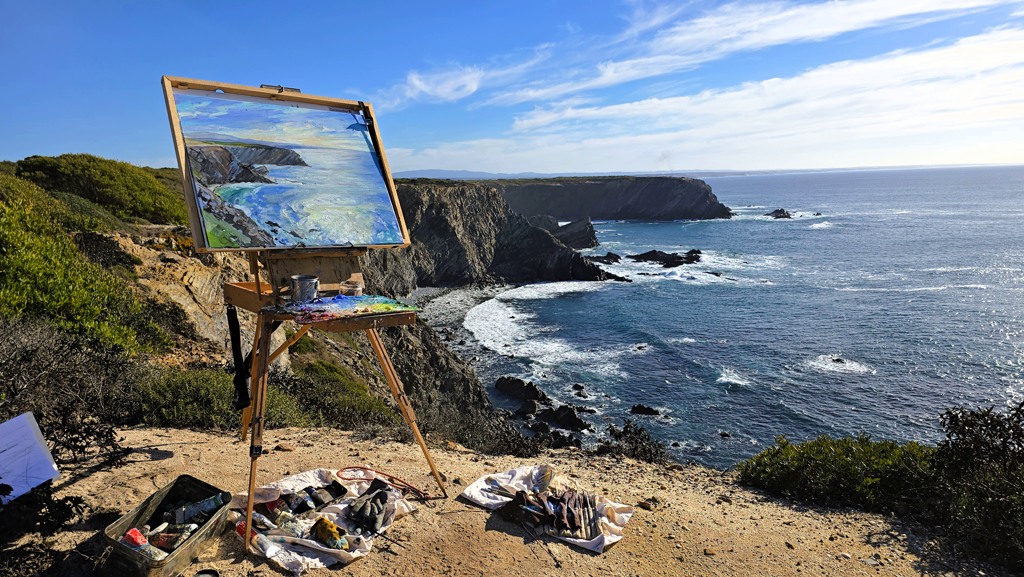 Fisherman's Trail etappe 4, Almograve naar Zumbujeira do Mar, schilderen aan zee