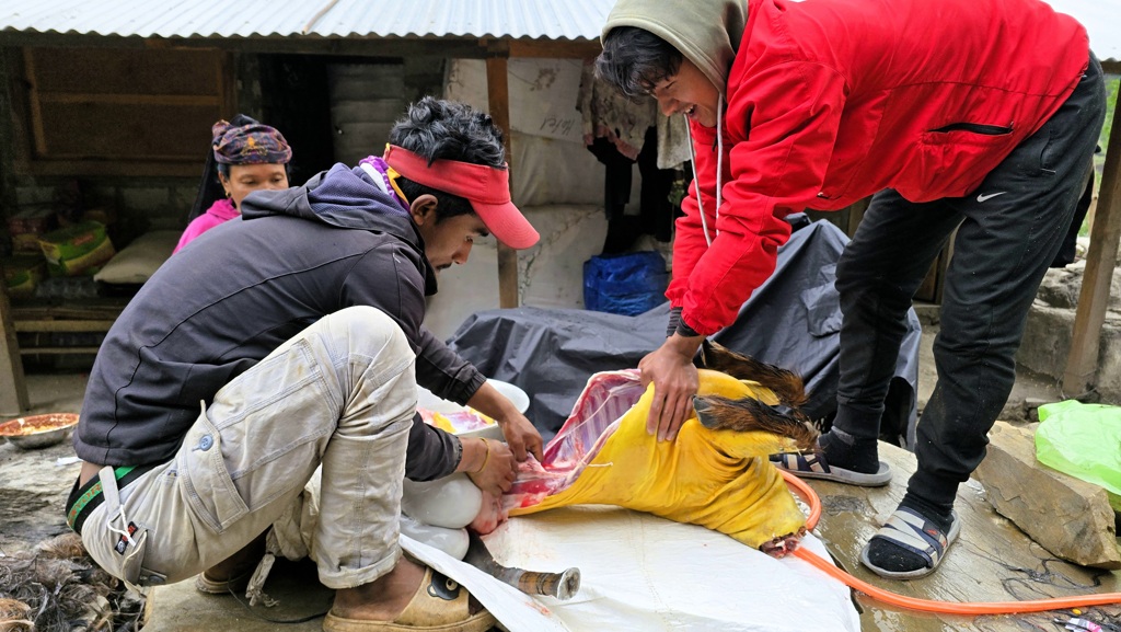 Manaslu Circuit trekking dag 3, geit eten festival Nepal