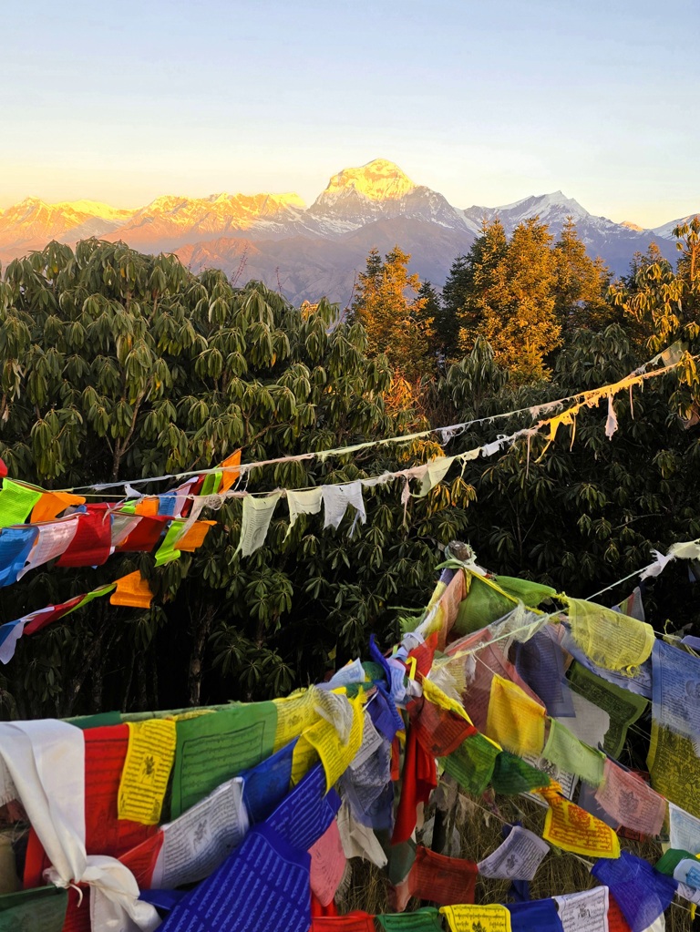Poon Hill gebedsvlaggen en Dhaulagiri